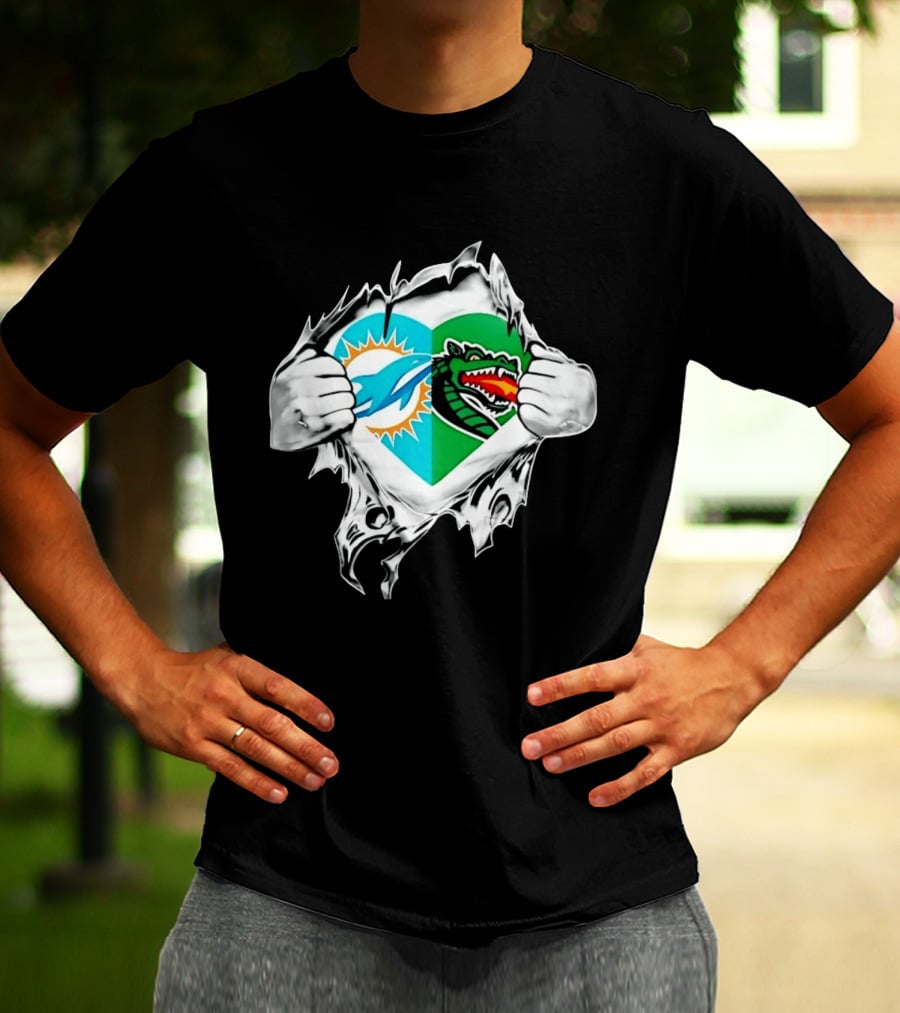 Miami Dolphins UAB Blazers Heart Superman Chest Rip T-Shirt