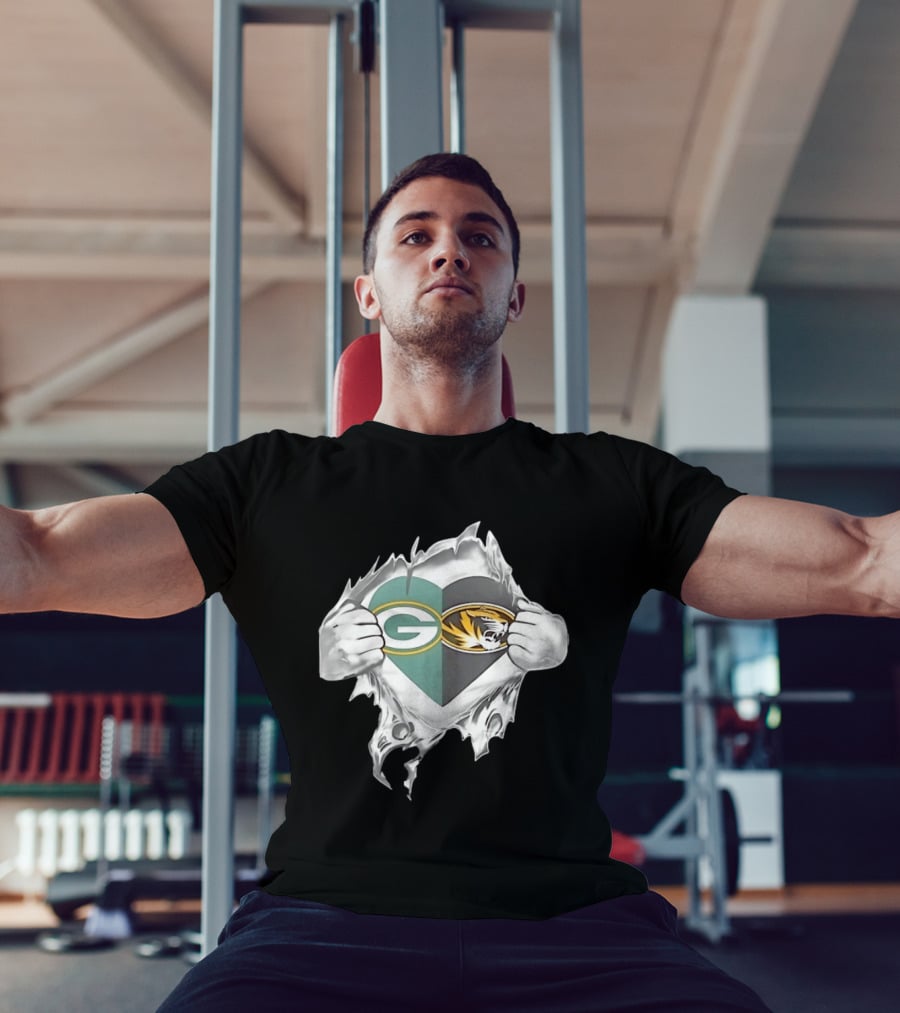 Green Bay Packers Missouri Tigers Heart Superman Chest Rip T-Shirt