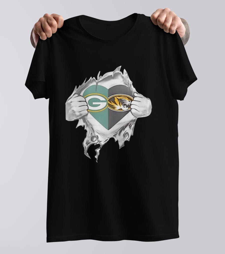 Green Bay Packers Missouri Tigers Heart Superman Chest Rip T-Shirt