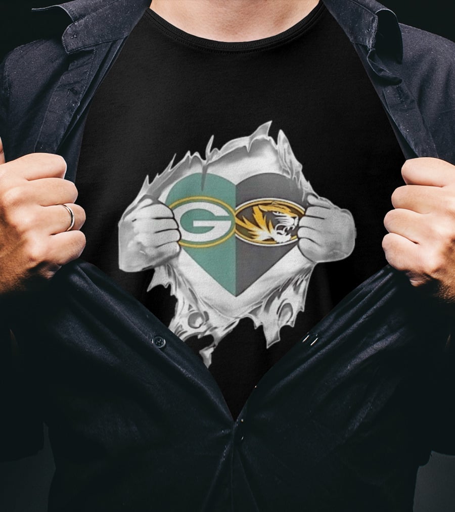 Green Bay Packers Missouri Tigers Heart Superman Chest Rip T-Shirt