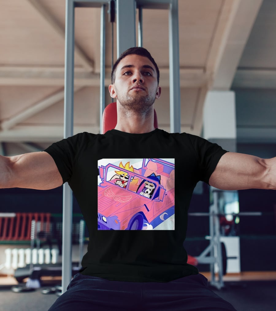 Panty And Stocking With Garterbelt Anime Characters Riding In Pink Car T-Shirt