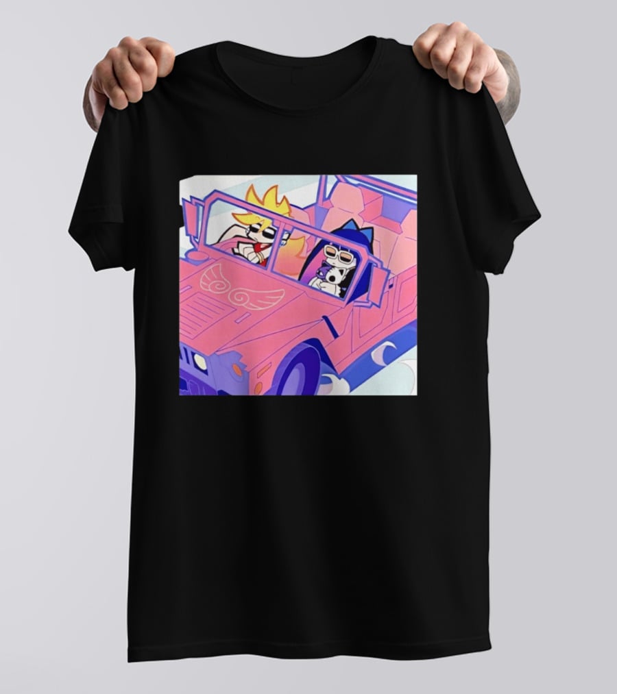 Panty And Stocking With Garterbelt Anime Characters Riding In Pink Car T-Shirt