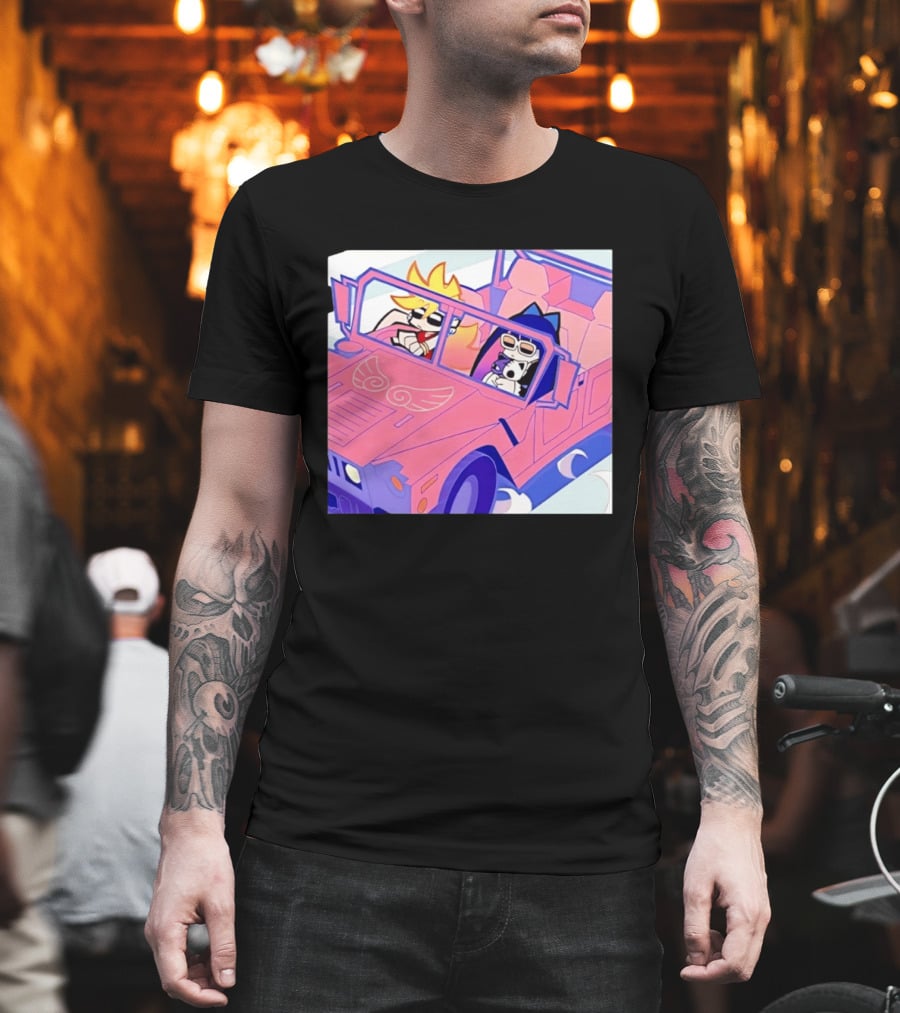 Panty And Stocking With Garterbelt Anime Characters Riding In Pink Car T-Shirt