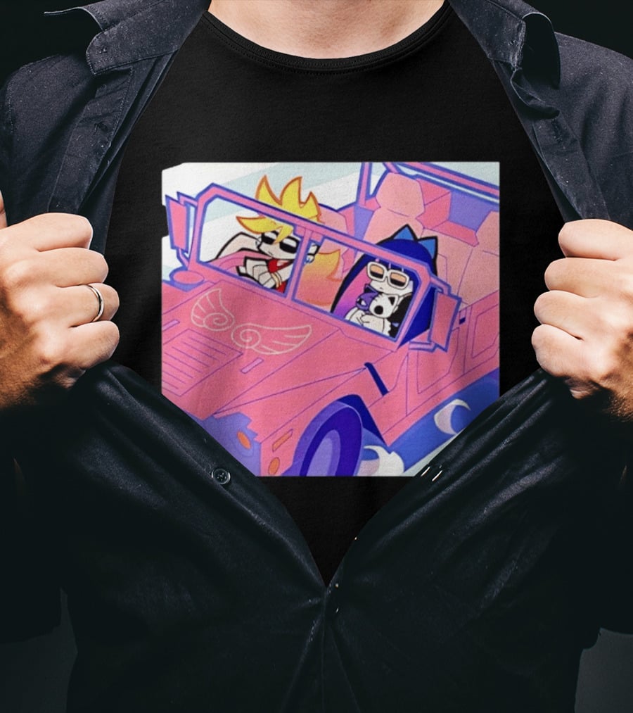 Panty And Stocking With Garterbelt Anime Characters Riding In Pink Car T-Shirt