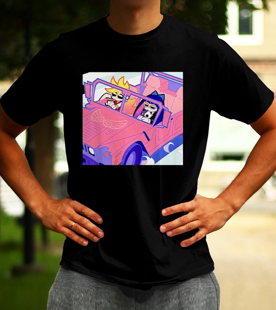 Panty And Stocking With Garterbelt Anime Characters Riding In Pink Car T-Shirt