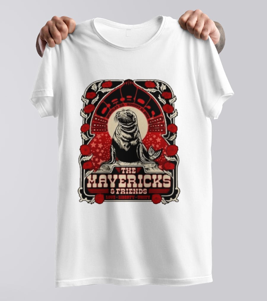 Beverly MA 08.21.2026 The Mavericks Love Liberty Unity Friends Seal And Roses T-Shirt