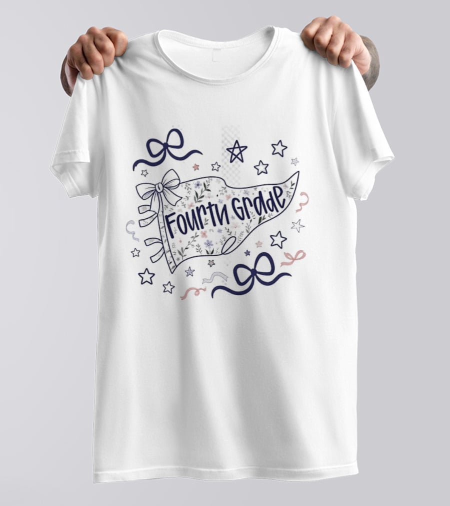 Fourth Grade Floral Pennant Bows And Stars Back To School T-Shirt