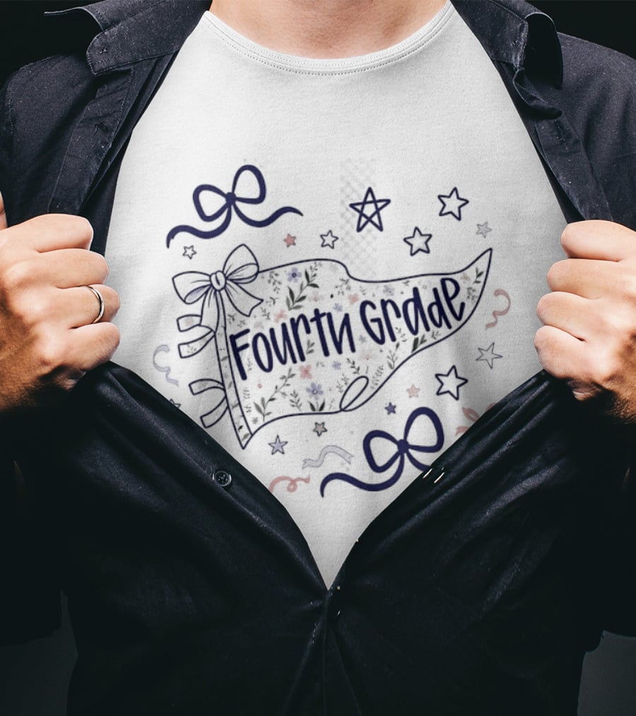 Fourth Grade Floral Pennant Bows And Stars Back To School T-Shirt