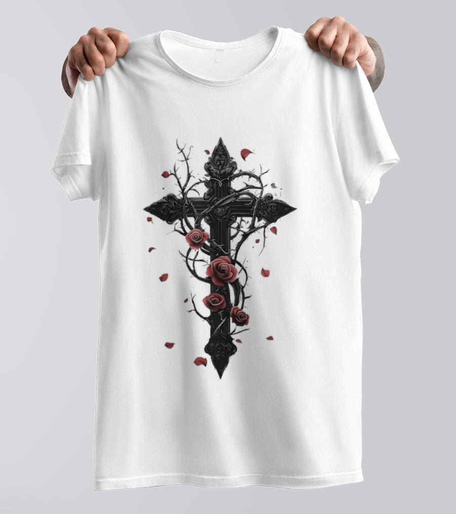Gothic Cross Red Roses Thorns Religious Symbol Roses T-Shirt