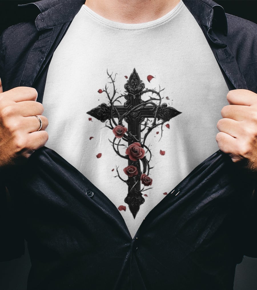 Gothic Cross Red Roses Thorns Religious Symbol Roses T-Shirt
