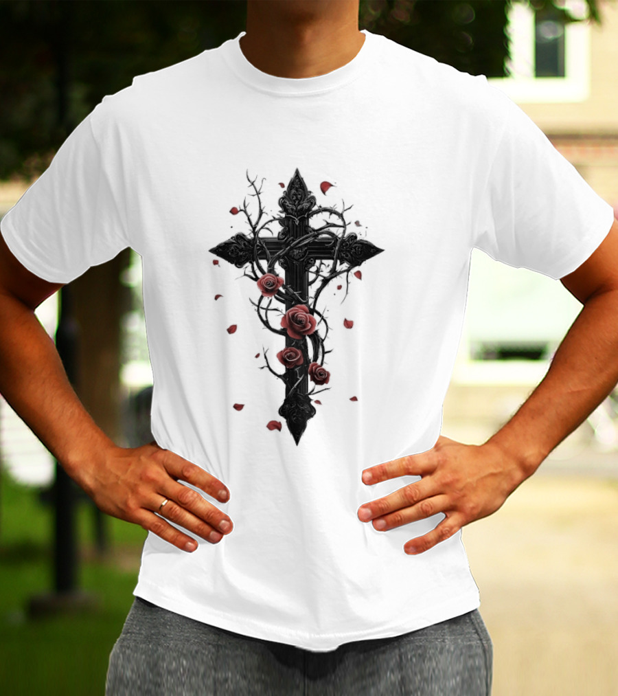Gothic Cross Red Roses Thorns Religious Symbol Roses T-Shirt