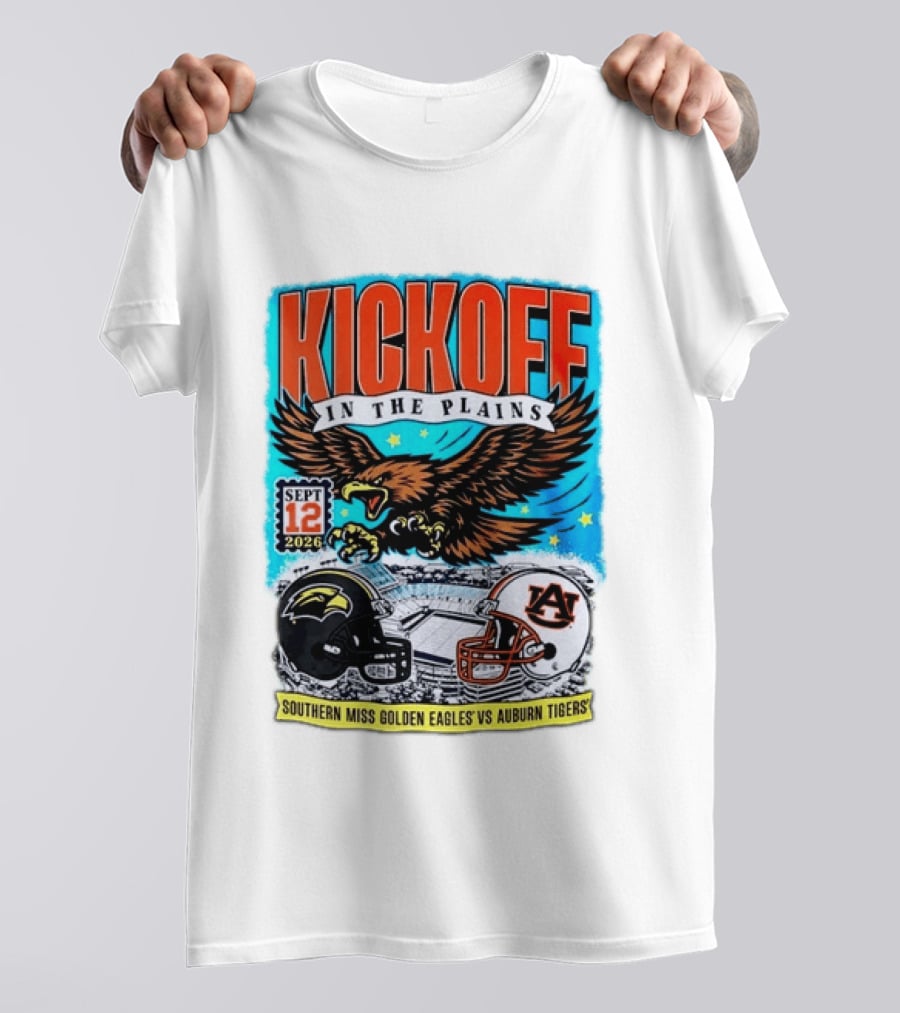 Kickoff In The Plains Southern Miss Golden Eagles Vs Auburn Tigers Sept 12 2026 Football Matchup T-Shirt