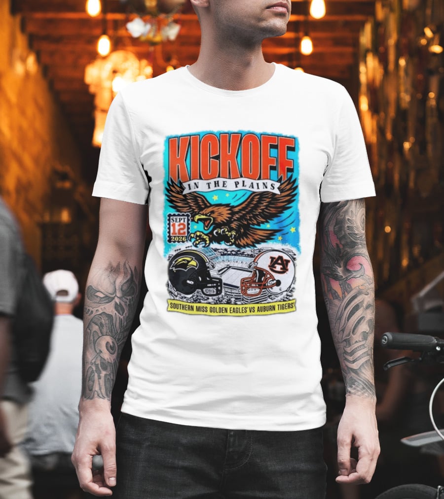 Kickoff In The Plains Southern Miss Golden Eagles Vs Auburn Tigers Sept 12 2026 Football Matchup T-Shirt