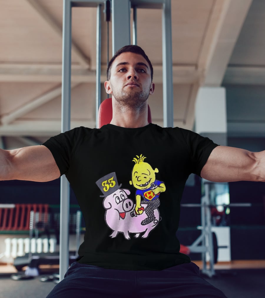 33 Cartoon Boy Yellow Hair Riding Pink Pig Black Top Hat H Hero T-Shirt