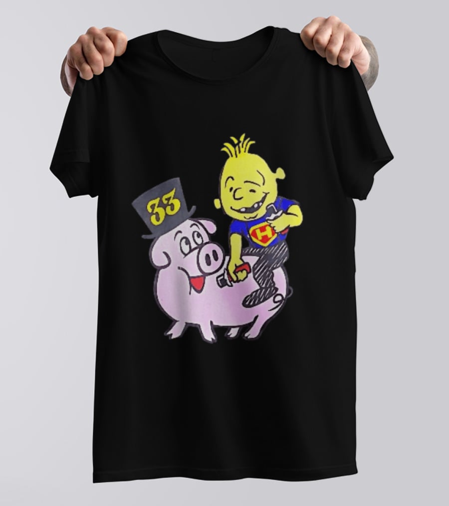33 Cartoon Boy Yellow Hair Riding Pink Pig Black Top Hat H Hero T-Shirt
