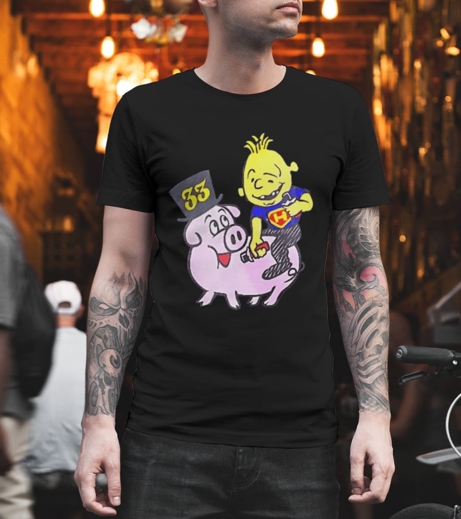 33 Cartoon Boy Yellow Hair Riding Pink Pig Black Top Hat H Hero T-Shirt