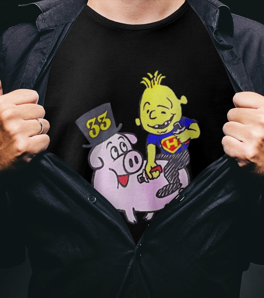33 Cartoon Boy Yellow Hair Riding Pink Pig Black Top Hat H Hero T-Shirt