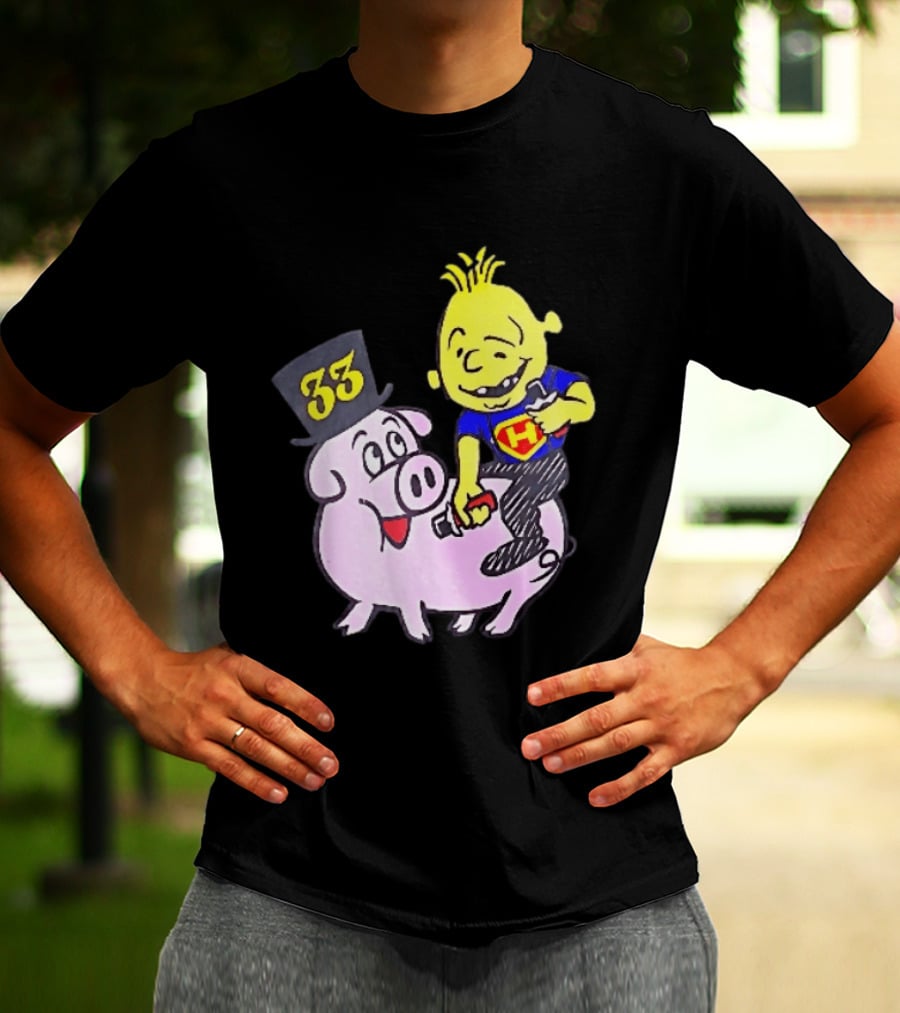 33 Cartoon Boy Yellow Hair Riding Pink Pig Black Top Hat H Hero T-Shirt