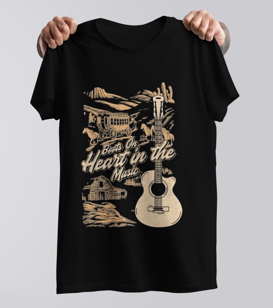 Boots On Heart In The Music Acoustic Guitar Cowboy Stagecoach Barn Scene T-Shirt