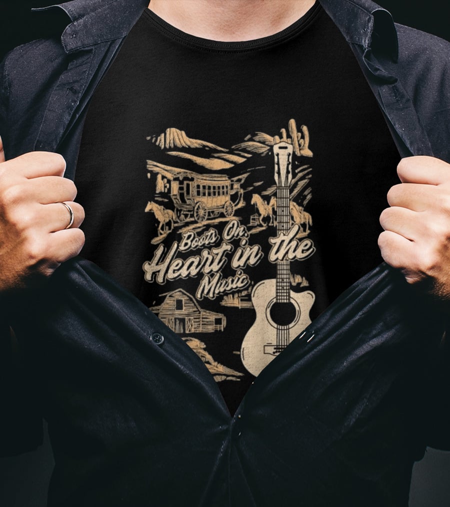 Boots On Heart In The Music Acoustic Guitar Cowboy Stagecoach Barn Scene T-Shirt