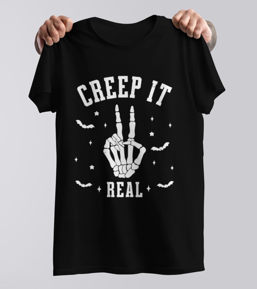 Creep It Real Skeleton Hand Peace Sign Halloween Bats Stars T-Shirt