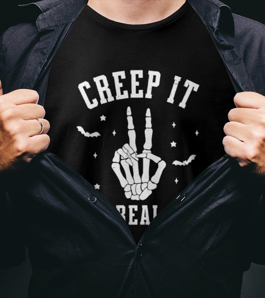 Creep It Real Skeleton Hand Peace Sign Halloween Bats Stars T-Shirt