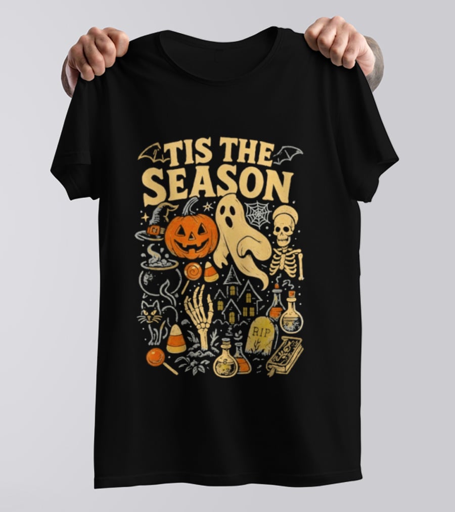 Tis The Season Halloween Pumpkin Ghost Skeleton Bats Candy T-Shirt