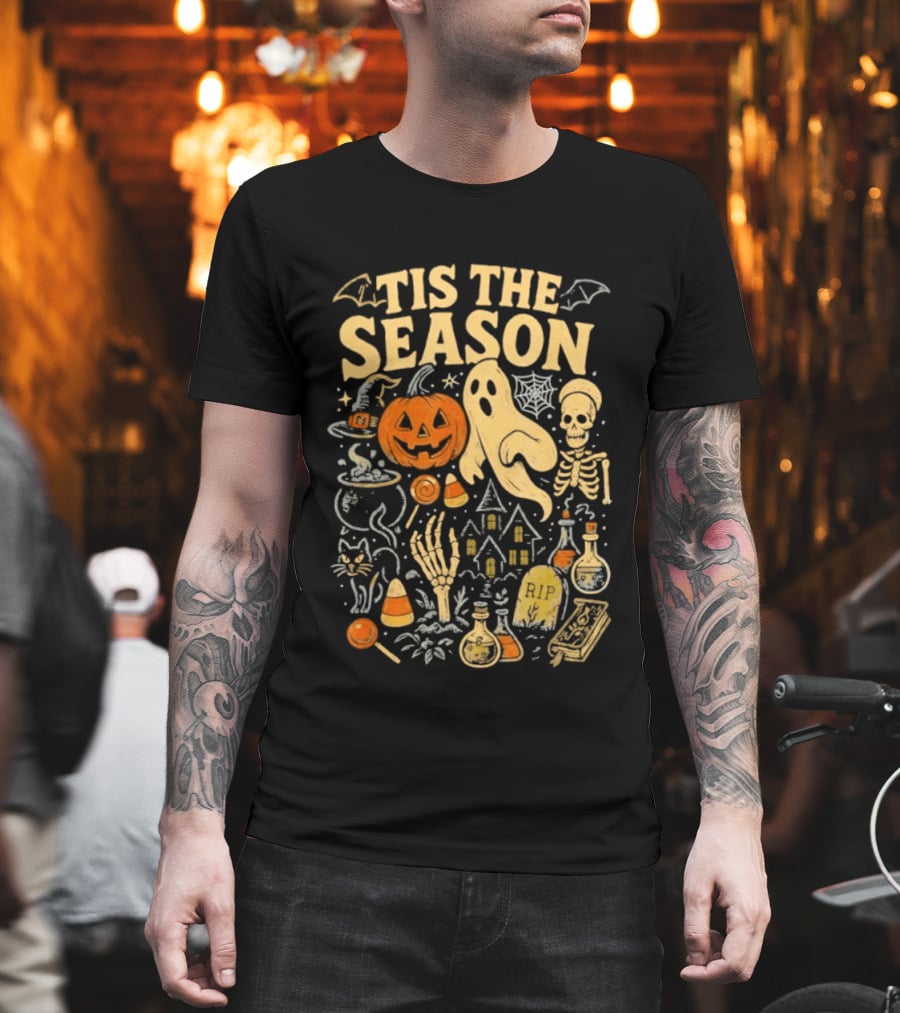 Tis The Season Halloween Pumpkin Ghost Skeleton Bats Candy T-Shirt
