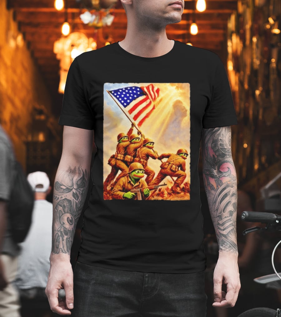 Pepe The Frog American Flag Soldiers Together We Win WWII Iwo Jima Memorial T-Shirt