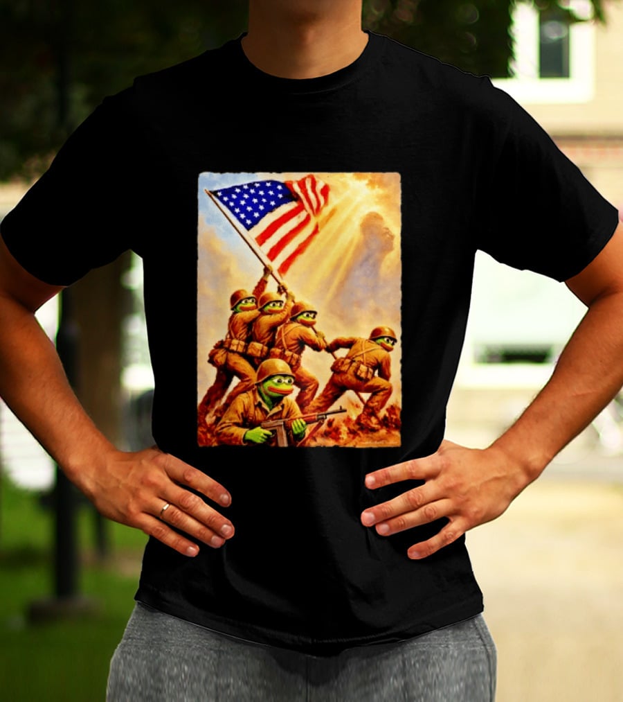 Pepe The Frog American Flag Soldiers Together We Win WWII Iwo Jima Memorial T-Shirt