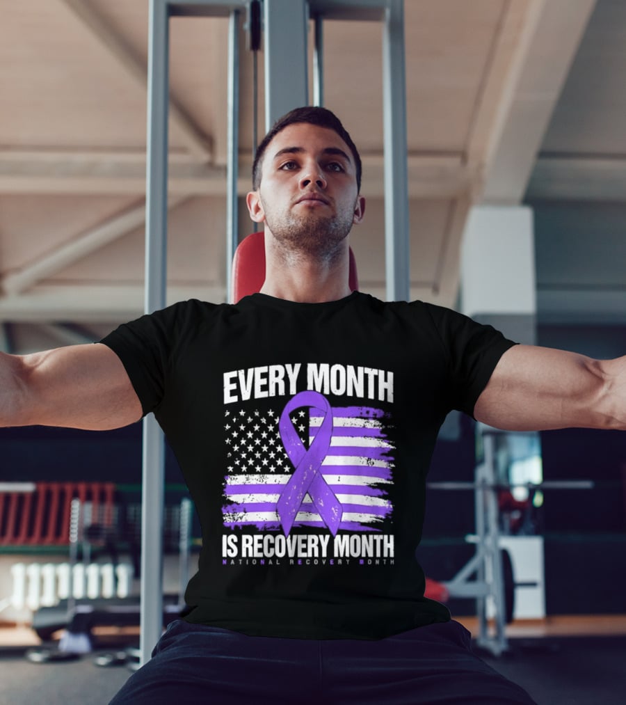 Every Month Is Recovery Month Purple Ribbon American Flag National Recovery Month T-Shirt