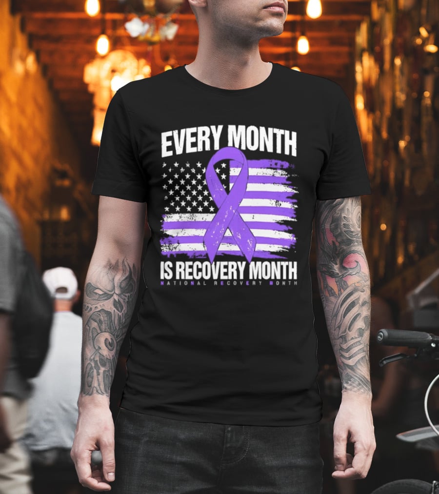 Every Month Is Recovery Month Purple Ribbon American Flag National Recovery Month T-Shirt