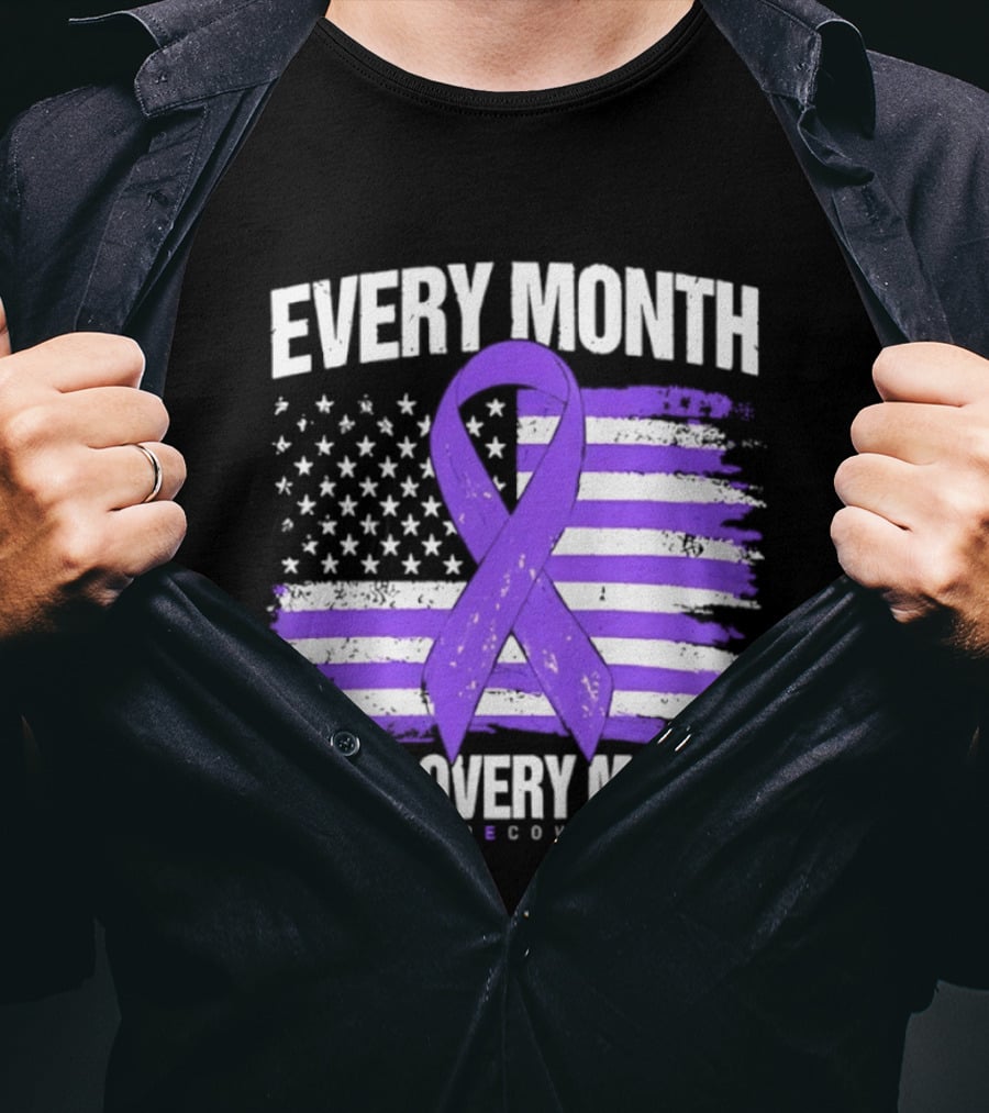 Every Month Is Recovery Month Purple Ribbon American Flag National Recovery Month T-Shirt