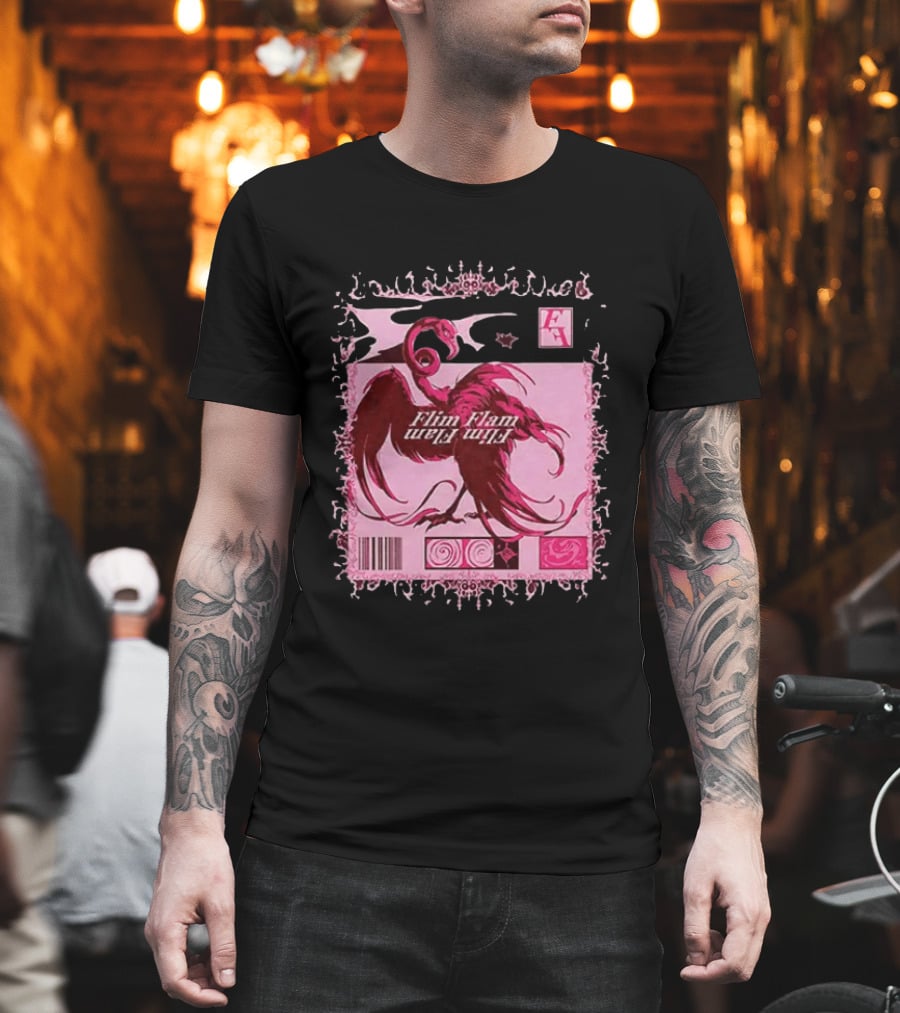 Flim Flam Flamingo Barcode Pink Swirl Border T-Shirt