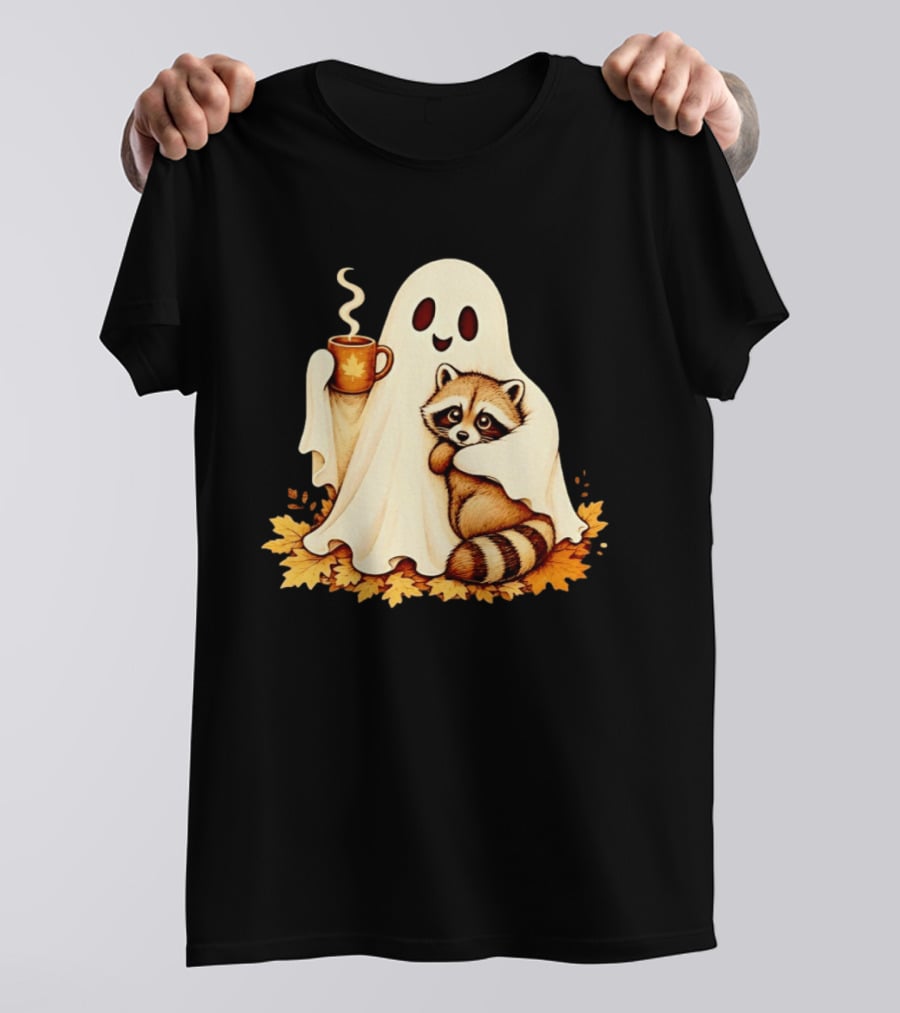 Ghost Hugging Raccoon With Coffee And Autumn Leaves T-Shirt