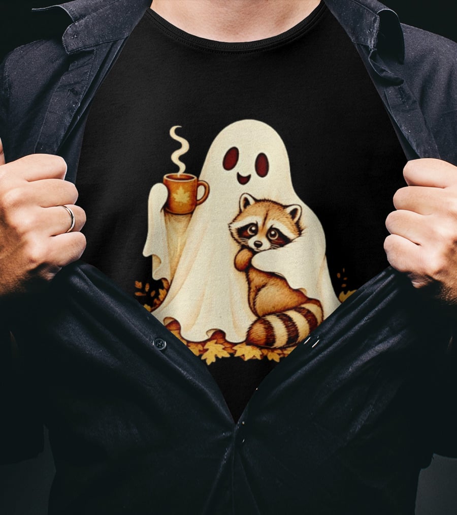 Ghost Hugging Raccoon With Coffee And Autumn Leaves T-Shirt