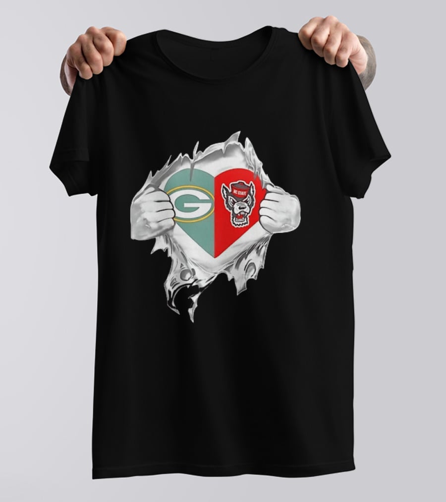 Green Bay Packers NC State Wolfpack Heart Superman Chest Rip T-Shirt