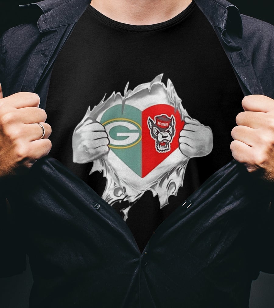 Green Bay Packers NC State Wolfpack Heart Superman Chest Rip T-Shirt