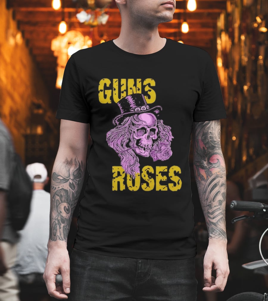 Guns N' Roses Distressed Skull With Top Hat And Roses T-Shirt