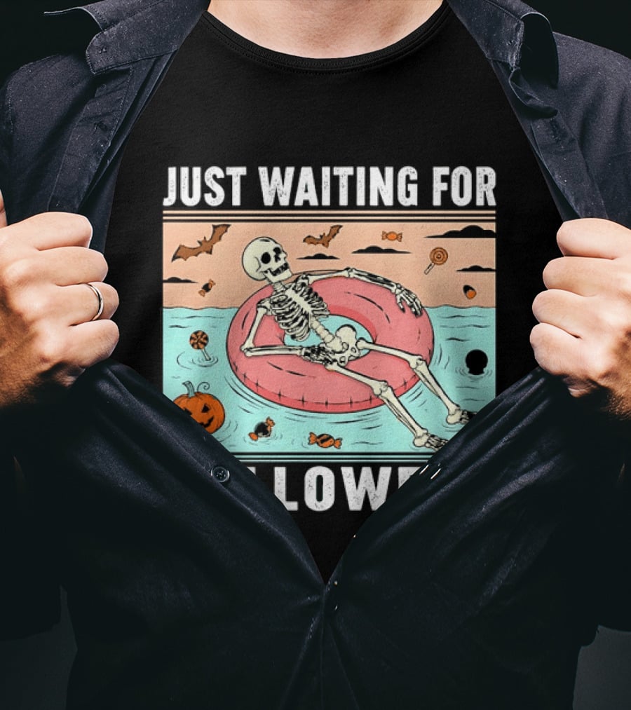 Just Waiting For Halloween Skeleton Pool Float With Candy And Pumpkin T-Shirt