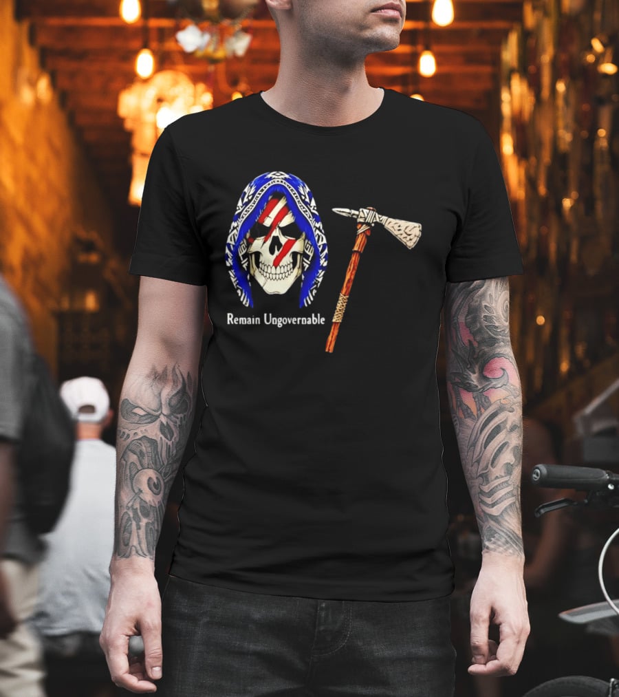 Skull With Tomahawk Remain Ungovernable Hooded Skeleton Red Marks T-Shirt