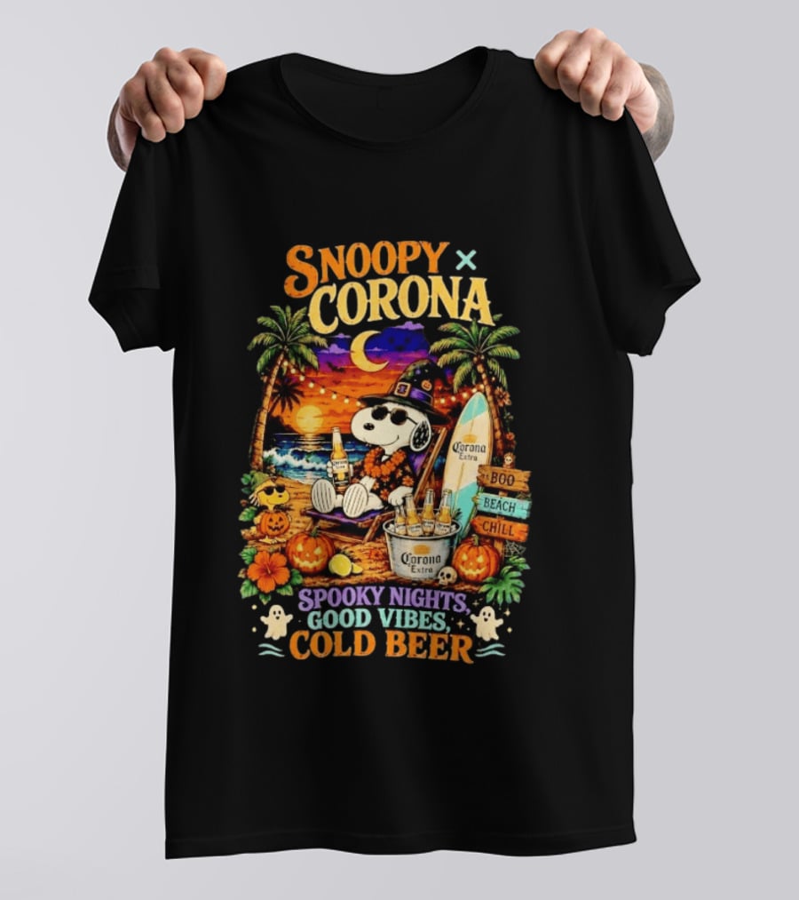 Snoopy X Corona Boo Beach Chill Spooky Nights Good Vibes Cold Beer T-Shirt