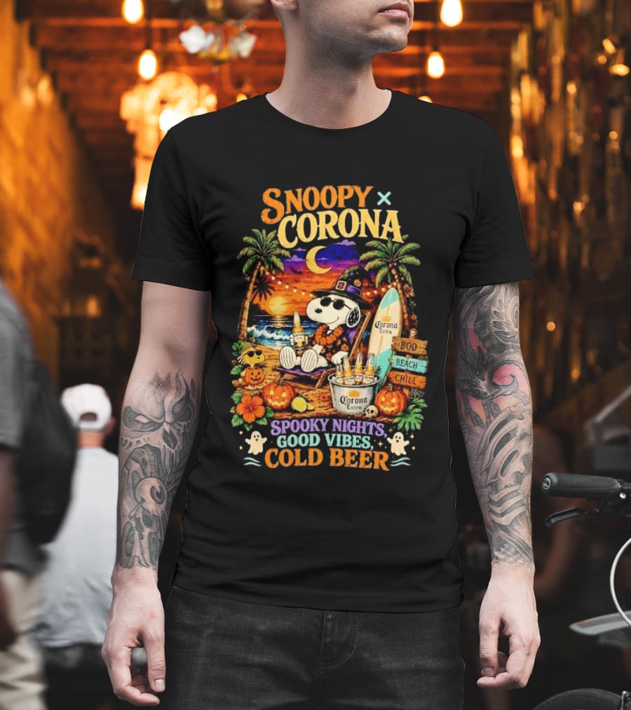 Snoopy X Corona Boo Beach Chill Spooky Nights Good Vibes Cold Beer T-Shirt