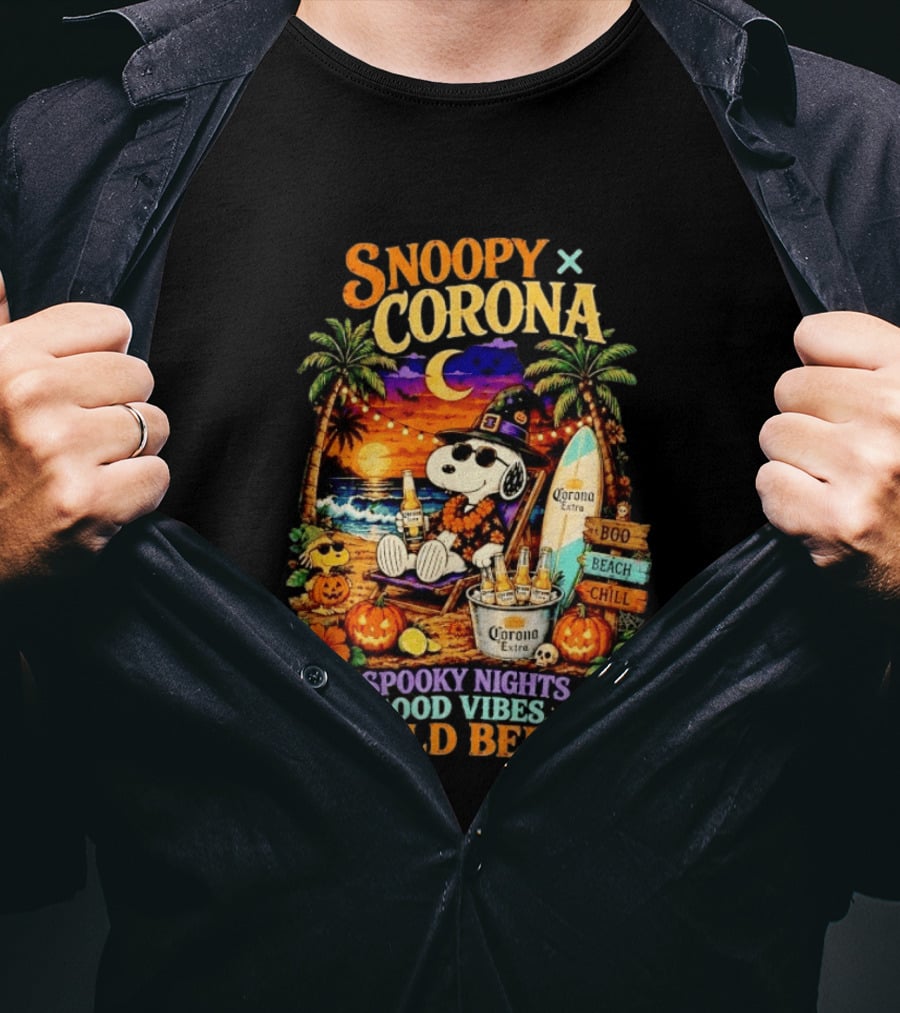 Snoopy X Corona Boo Beach Chill Spooky Nights Good Vibes Cold Beer T-Shirt