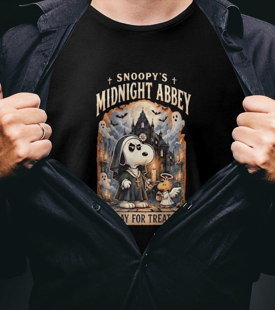 Snoopy's Midnight Abbey Pray For Treats Halloween Cathedral Scene T-Shirt