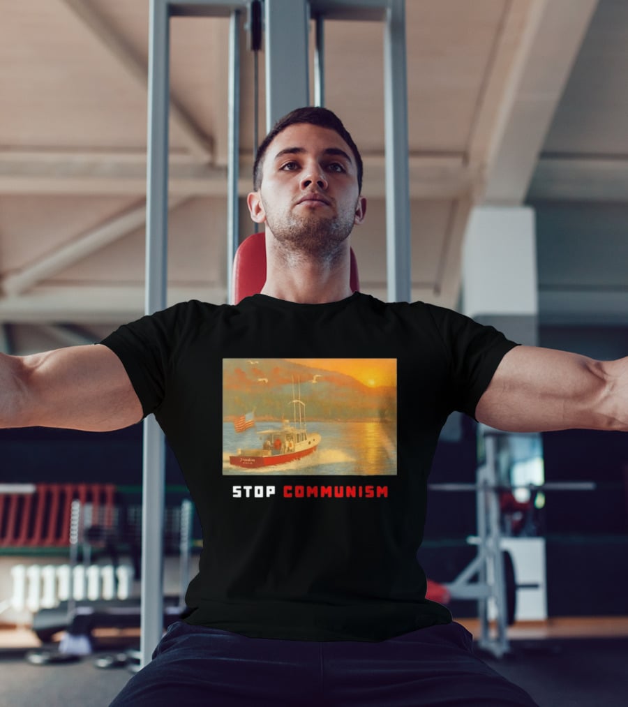 Stop Communism Freedom Boat American Flag Sunset Landscape T-Shirt