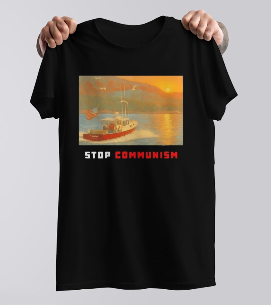 Stop Communism Freedom Boat American Flag Sunset Landscape T-Shirt