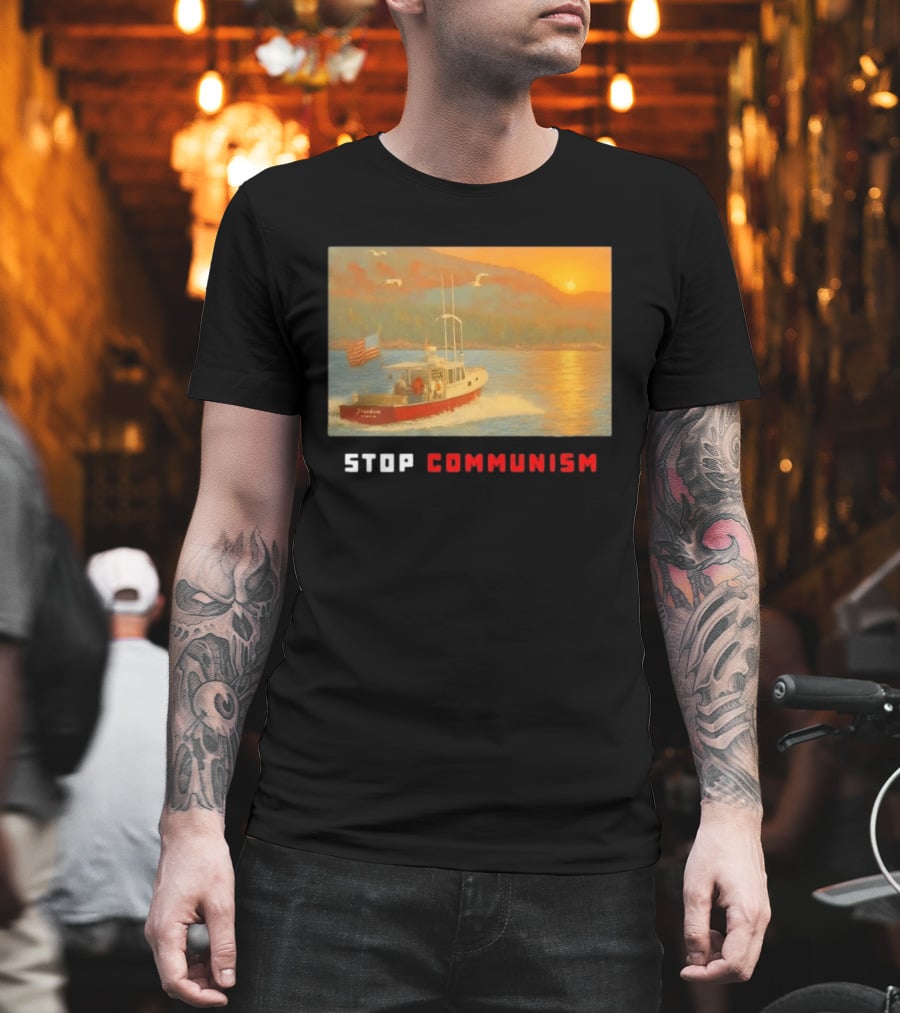Stop Communism Freedom Boat American Flag Sunset Landscape T-Shirt