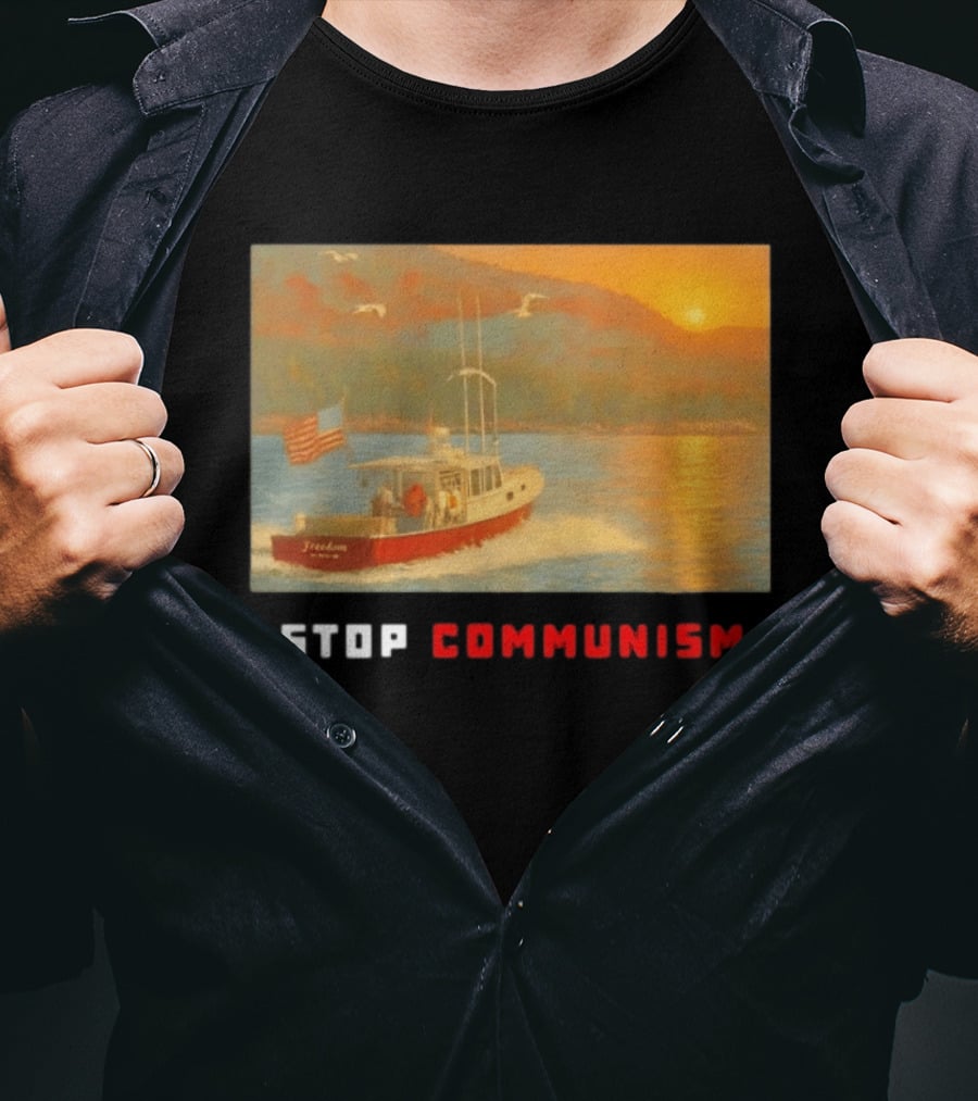 Stop Communism Freedom Boat American Flag Sunset Landscape T-Shirt