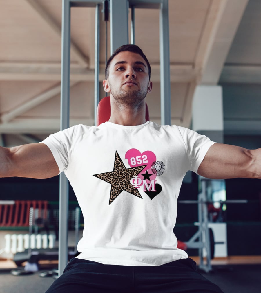 Phi Mu 1852 Leopard Star Lion 852 Pink Heart Sorority T-Shirt